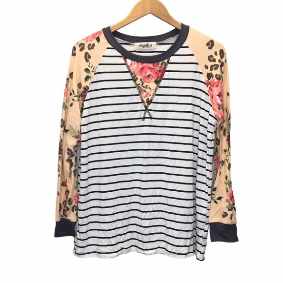 Striped Animal Floral Print Long Sleeve Shirt Women Small New Gray Peach - Picture 4 of 16